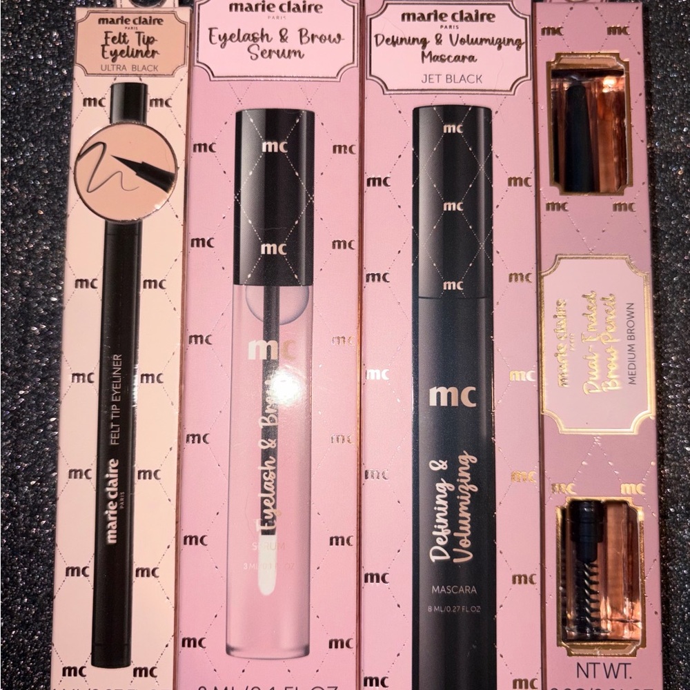 Marie Claire 4 PC Bundle: eyelash & brow serum, mascara, eyeliner, brown pencil